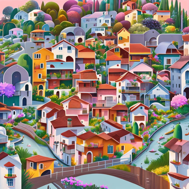 Colorful Village Landscape: Digital Artwork of Scenic River and Hills