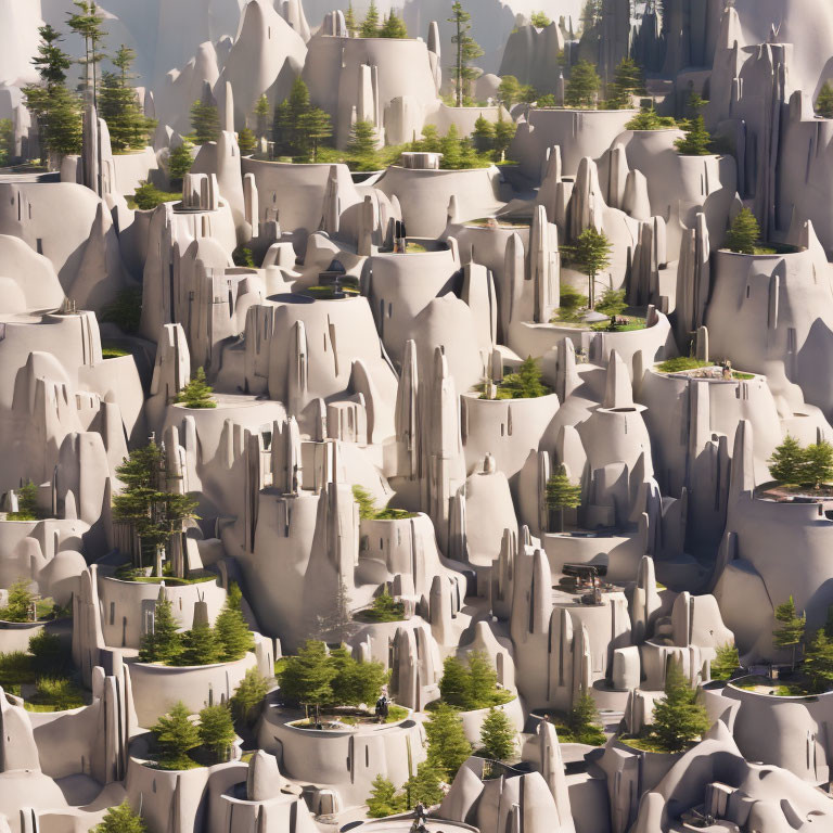 Tall Stone Formations in Green Landscape under Soft Light