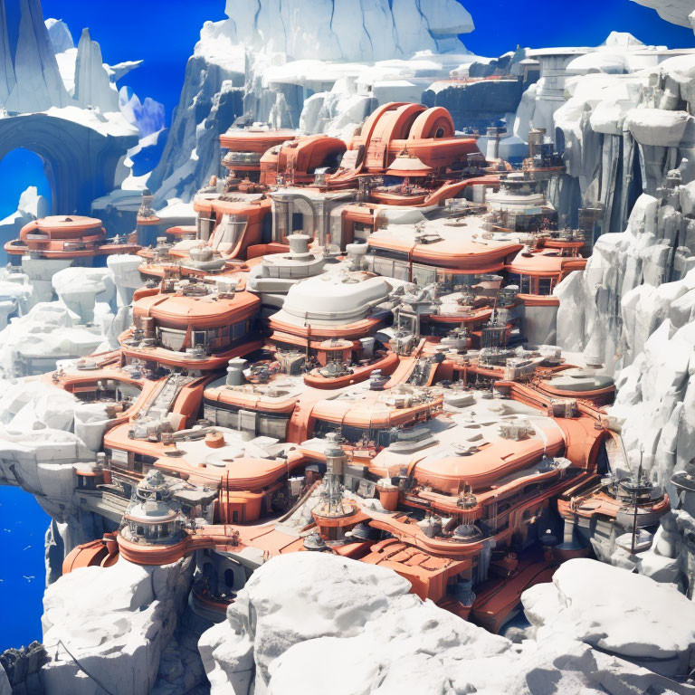 Futuristic city with orange domed structures in icy landscape