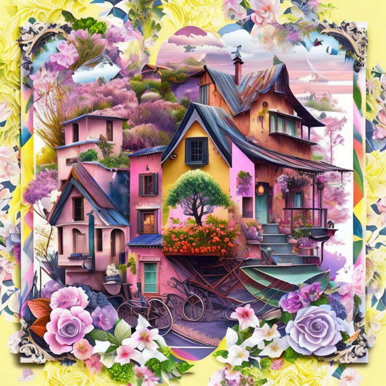 Colorful surreal artwork: Whimsical houses, lush flora, pastel sky, ornate floral