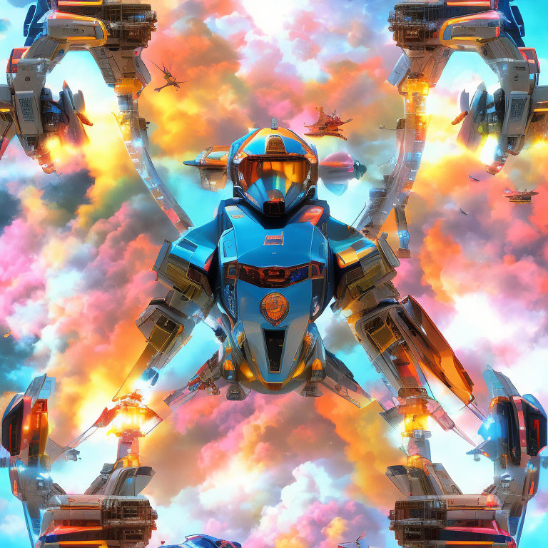 Futuristic robotic figure with spacecrafts in vivid clouds