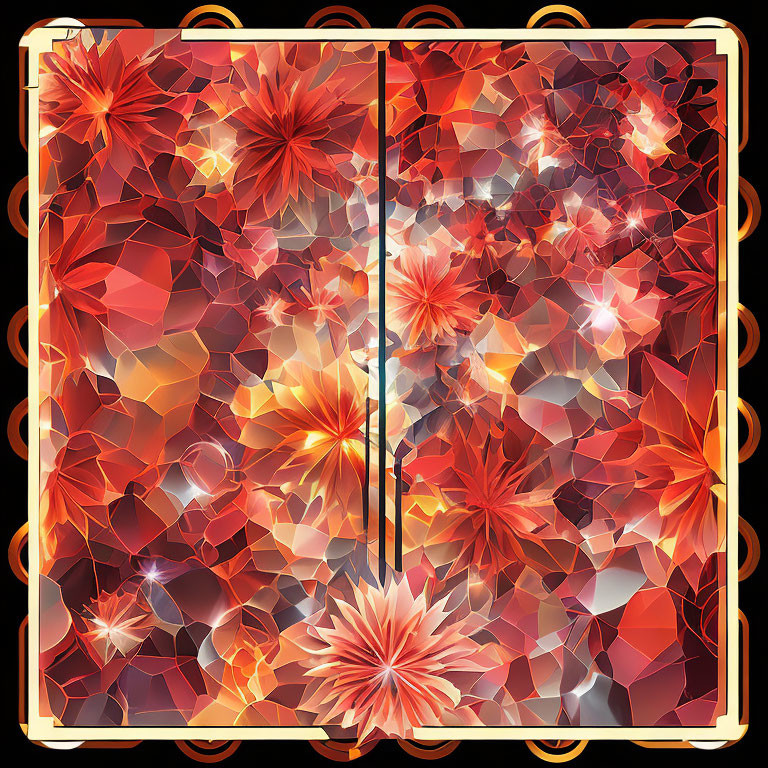 Symmetrical abstract design in orange, red, and yellow hues with floral motifs and glowing accents.