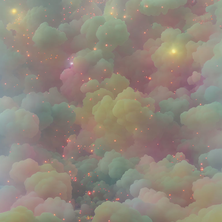 Pastel-colored ethereal clouds with glowing particles for a dreamy atmosphere