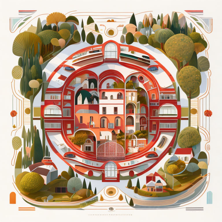 Symmetrical whimsical architectural illustration with nature motif