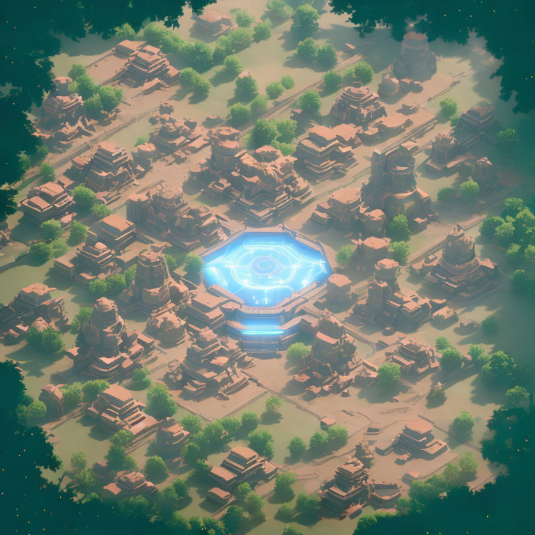 Isometric illustration of mystical ancient village with glowing blue circular structure