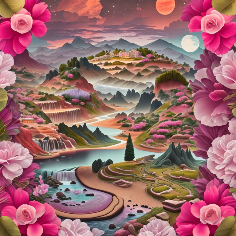 Fantastical landscape with pink roses, mountains, waterfalls, rivers, cherry blossoms under past