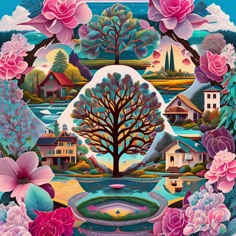 Symmetrical illustration of central tree, landscapes, houses, and floral patterns