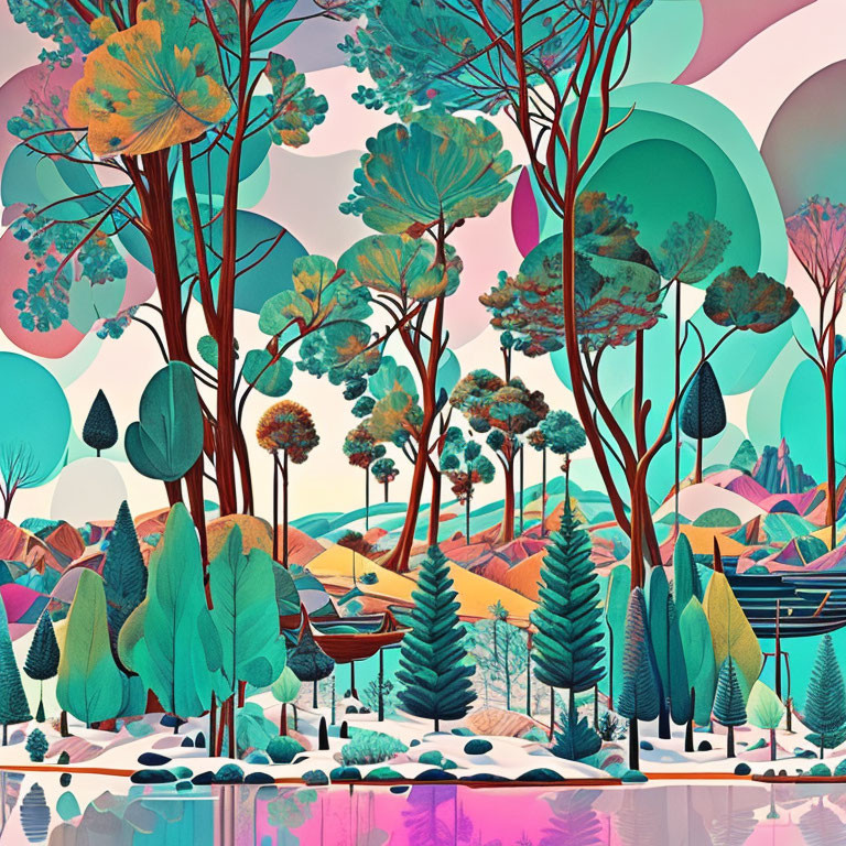 Colorful Stylized Forest Illustration with Whimsical Trees and Pastel Skies