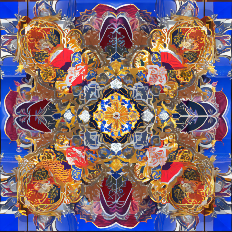 Intricate Gold, Blue, and Orange Kaleidoscope Pattern