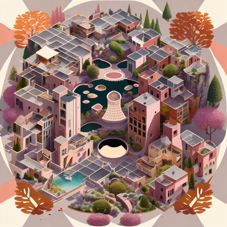 Whimsical isometric city illustration in pink and orange hues with modular buildings, green terraces,