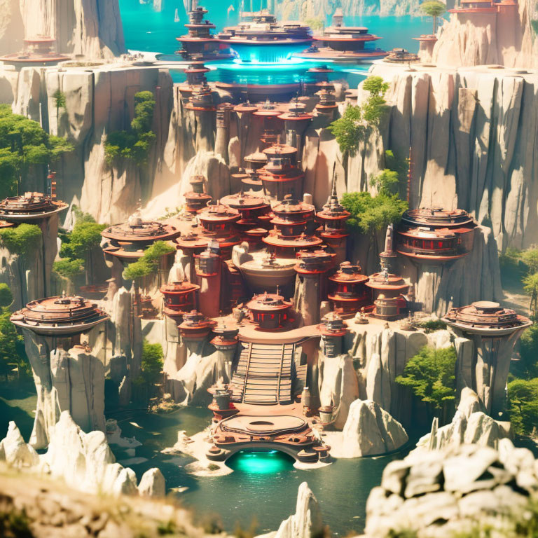 Fantastical city with red-roofed buildings, cliffs, waterfalls, bridges, and blue