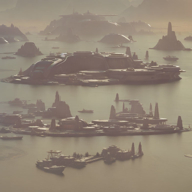 Futuristic cityscape with layered spires in misty atmosphere.