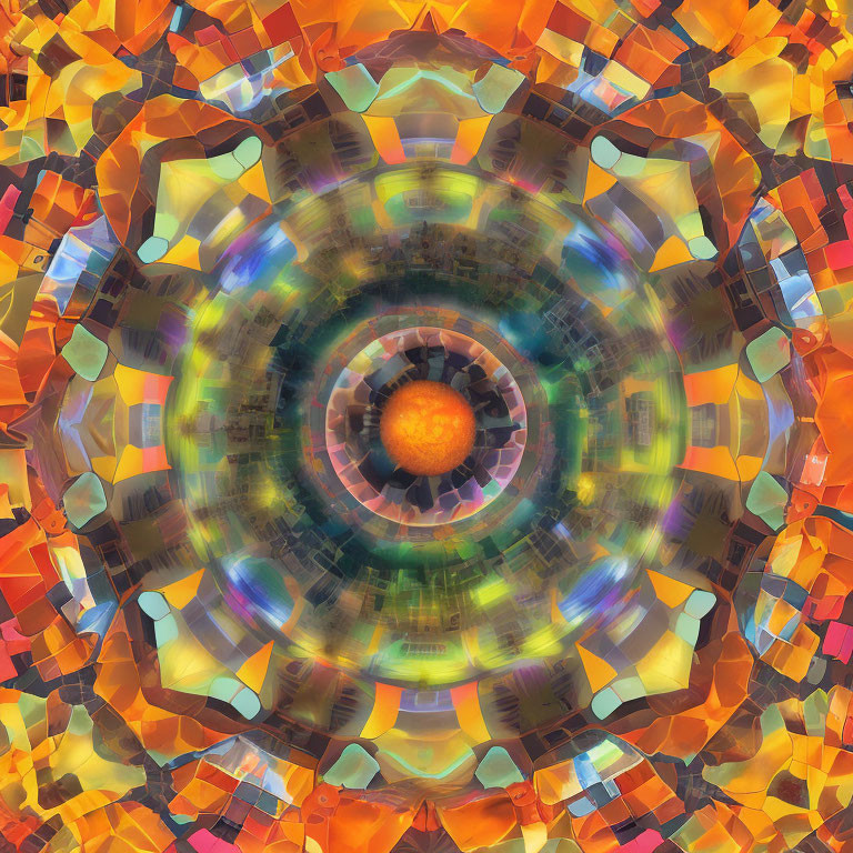 Colorful Abstract Pattern with Orange Sphere and Symmetrical Shapes