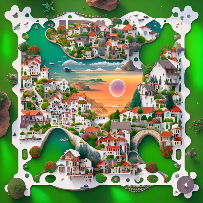 Colorful Mediterranean Village Puzzle Artwork with Houses, Boats, and Sunset