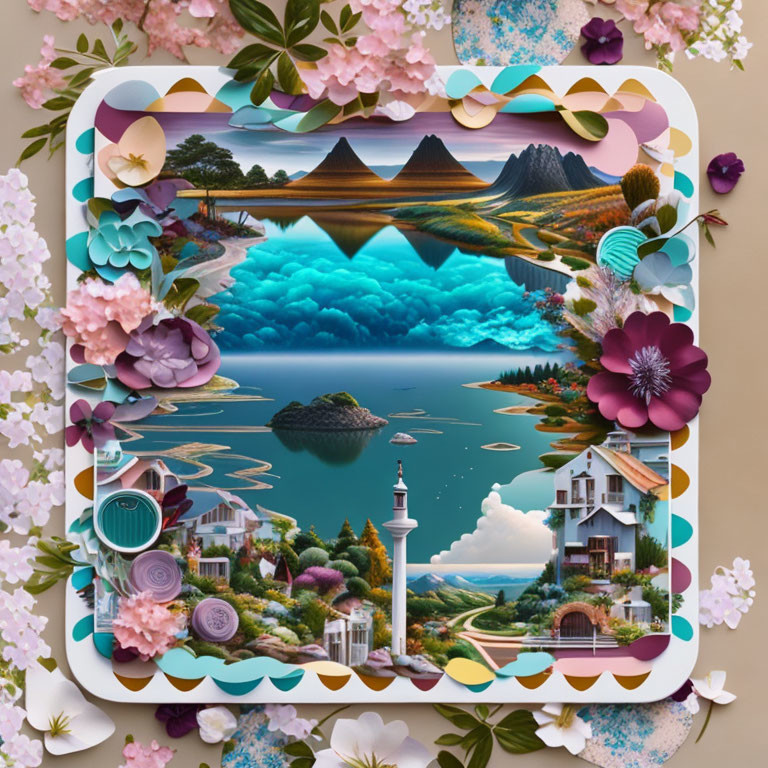 Scenic landscape digital collage with mountains, lake, clouds, and floral border