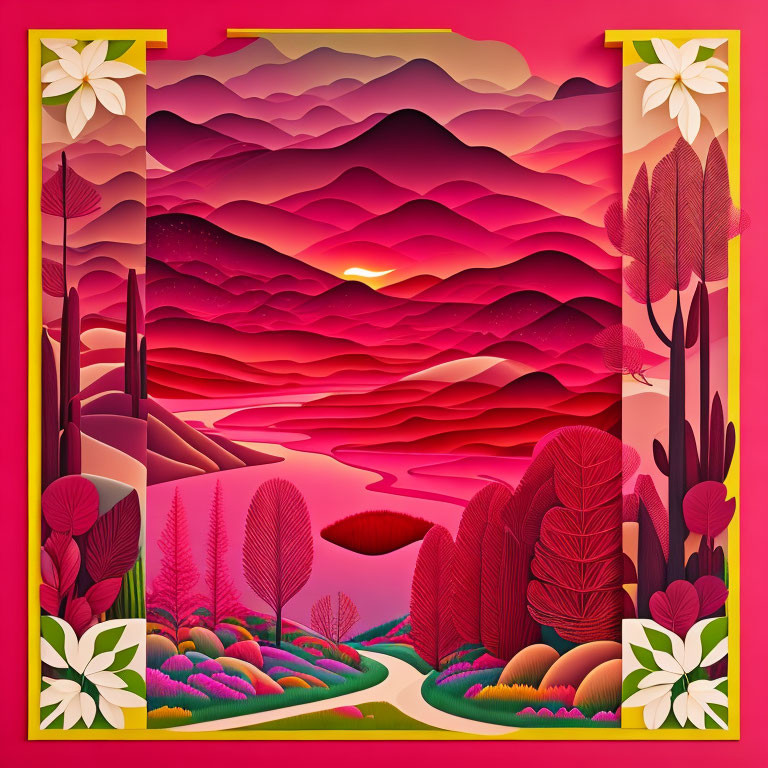 Stylized pink and red mountains in digital artwork with floral motifs