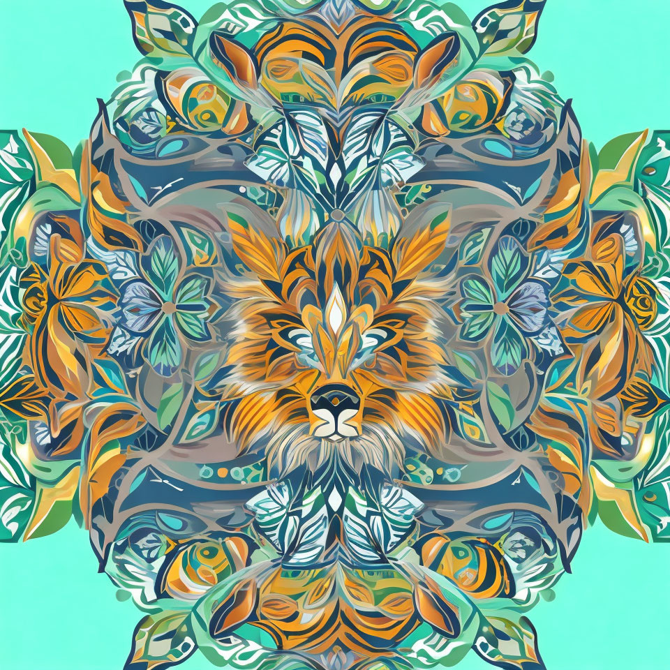 Symmetrical vibrant lion face pattern on teal background