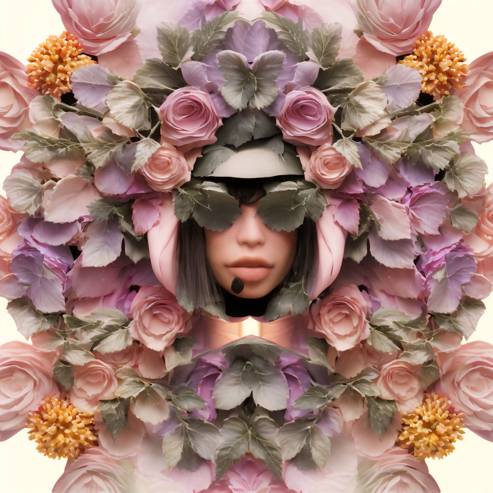 Symmetrical floral surreal portrait with central figure in visor and headset