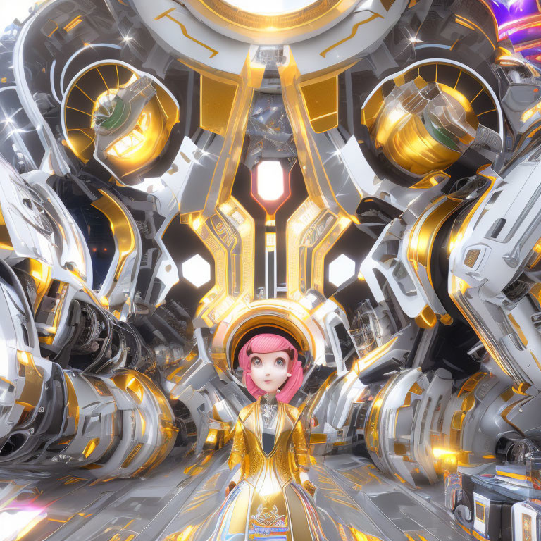 Pink-haired cartoon girl in futuristic golden corridor