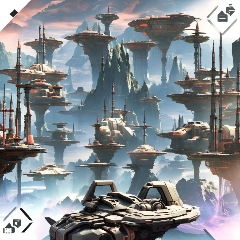 Futuristic cityscape with floating structures and ship amidst rocky landscape