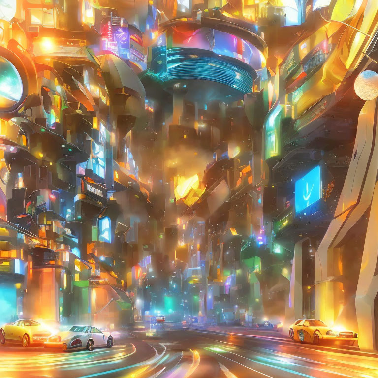 Futuristic cityscape with neon signs and flying cars