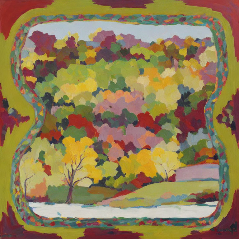 Vibrant abstract landscape painting with autumn trees, river, and decorative borders