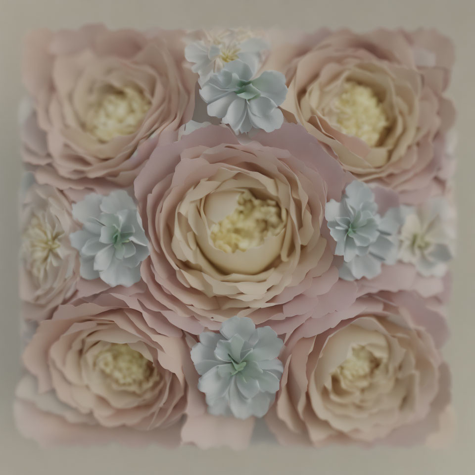 Assorted pastel paper flowers in peach, cream, and pale blue shades