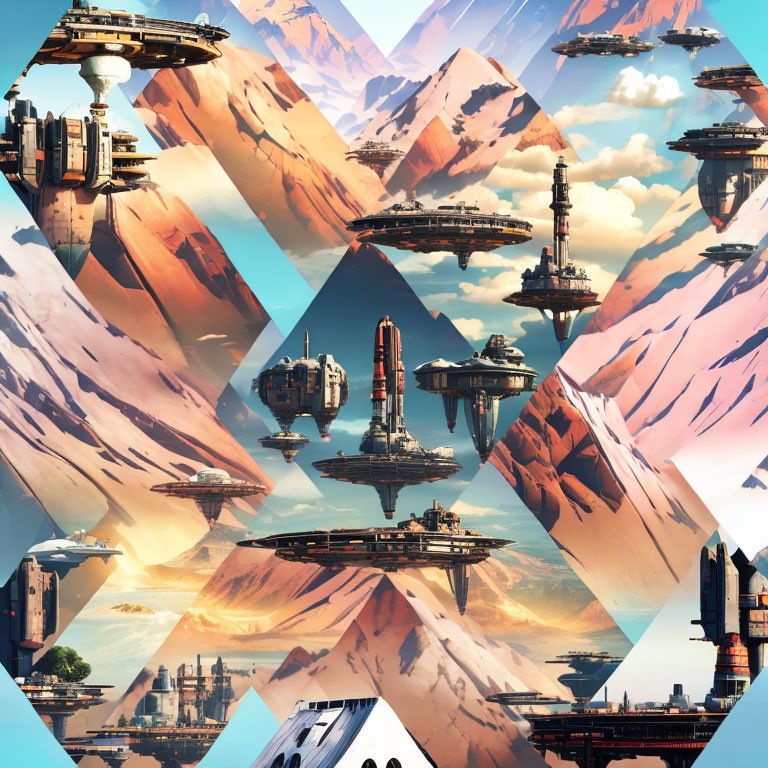 Futuristic collage of floating cities over mountainous landscapes