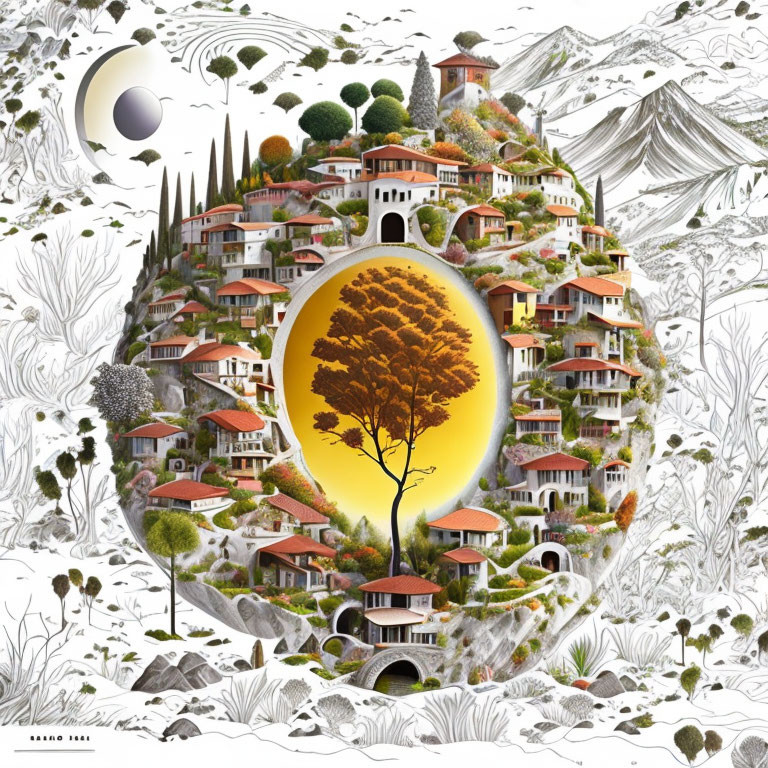 Circular surreal landscape with houses, trees, and central tree on golden backdrop.