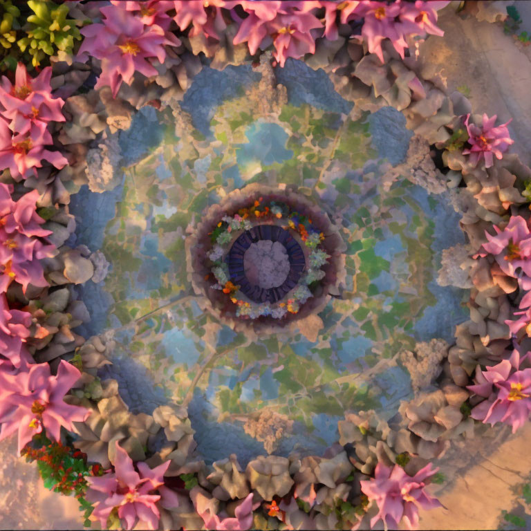 Circular garden with pink flowers and central structure in aerial view