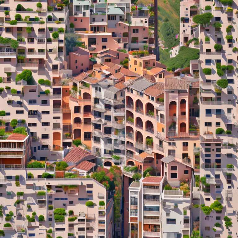 Peach-Colored Buildings with Terracotta Roofs in Green Setting