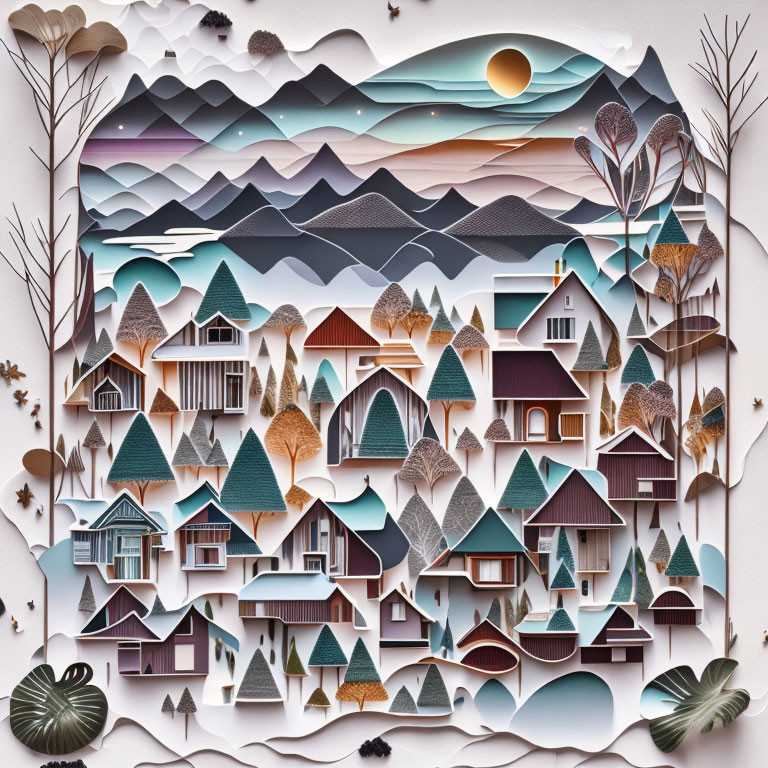 Layered Paper Art: Village, Trees, Mountains, Sunset Sky