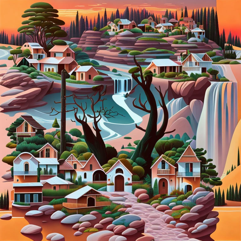 Colorful Stylized Landscape with Whimsical Houses & Nature Elements