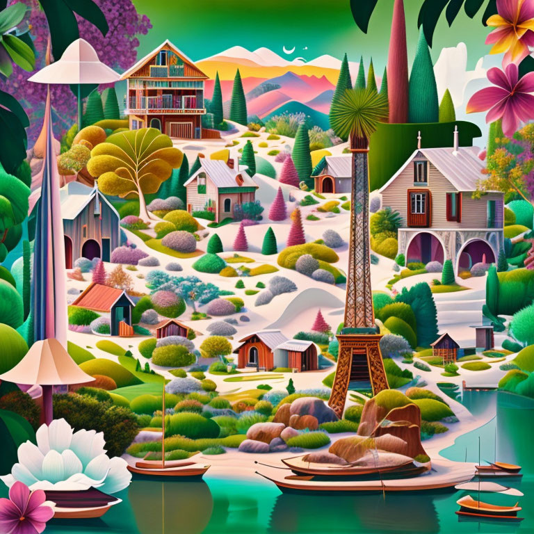 Colorful illustration of whimsical landscape with Eiffel Tower structure, houses, mountains, and sail