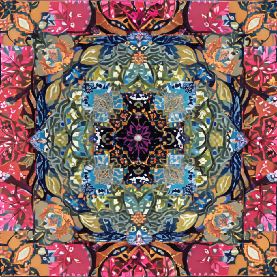 Symmetrical kaleidoscopic digital artwork with floral and geometric shapes in vibrant colors