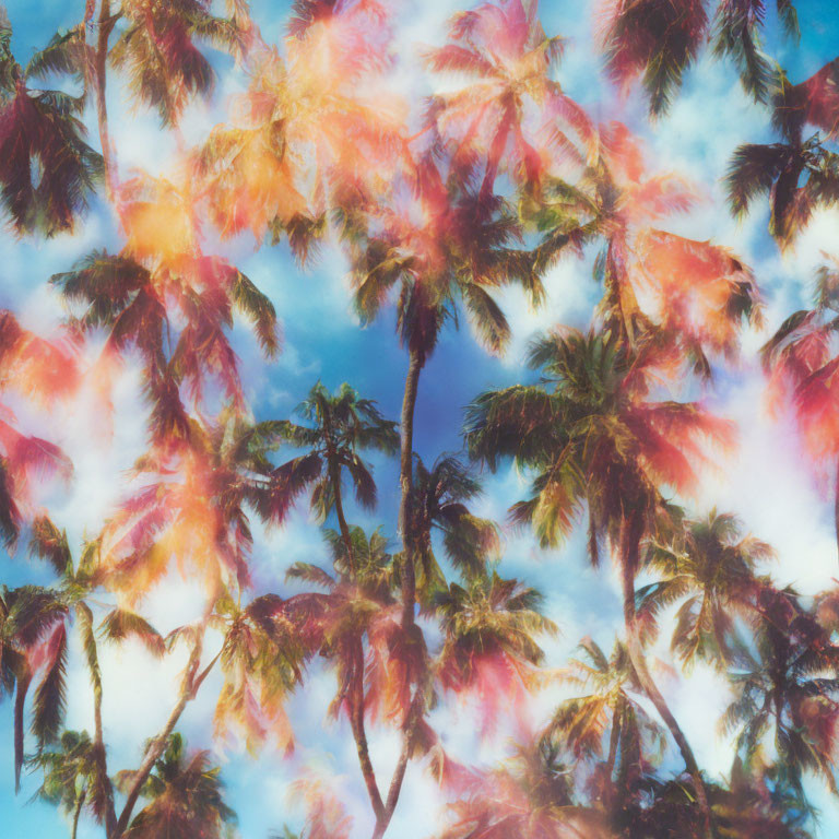 Vibrant palm trees against dreamy sky with colorful filter effect