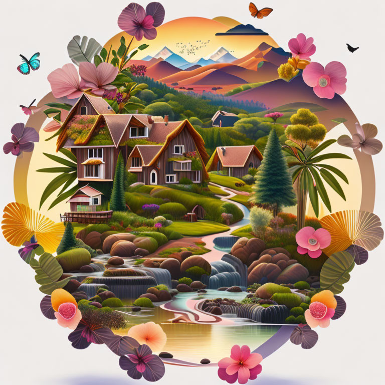 Tranquil countryside sunset with houses, river, hills, mountains, flowers, and butterflies.