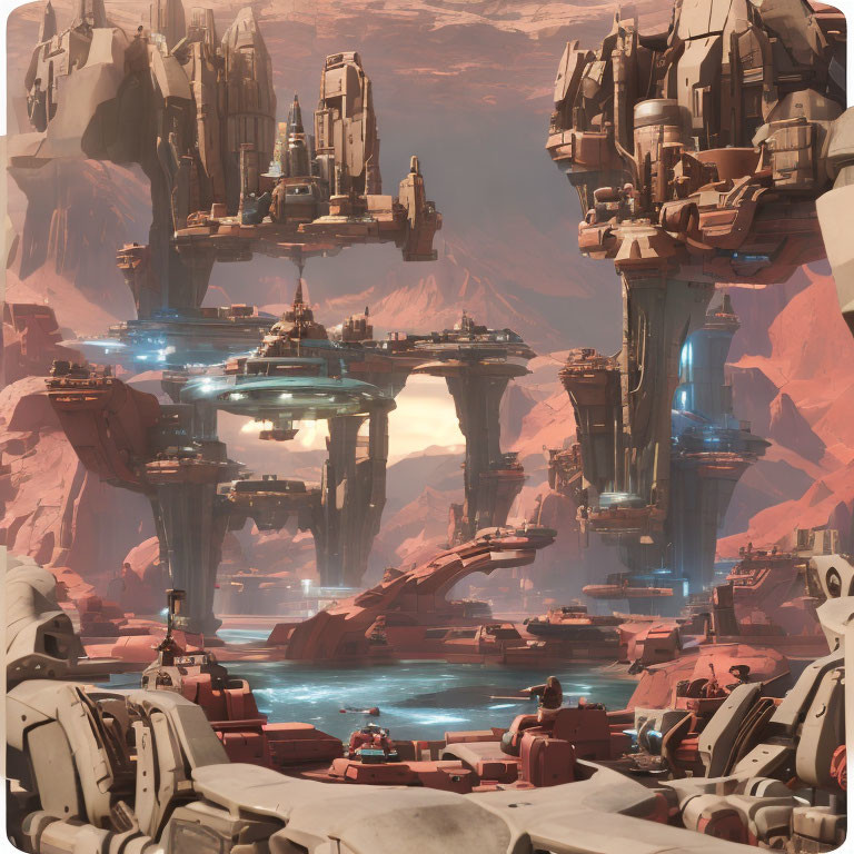 Futuristic cityscape with towering structures, red cliffs, river, advanced vehicles, sci-fi aesthetic