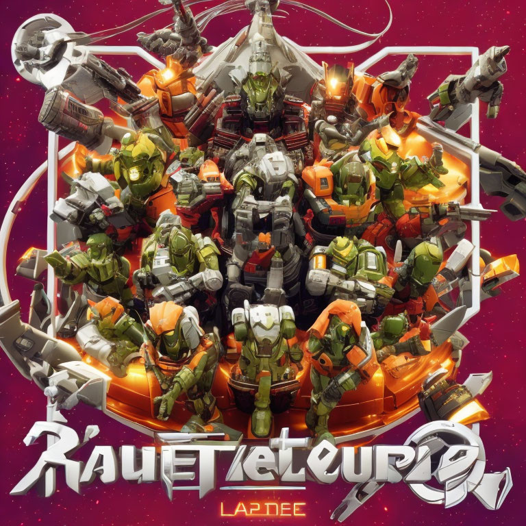 Sci-fi themed album cover with armored humanoid figures, spaceships, and Russian Cyrillic text on vibrant