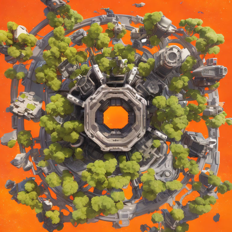 Futuristic circular city with greenery on orange background