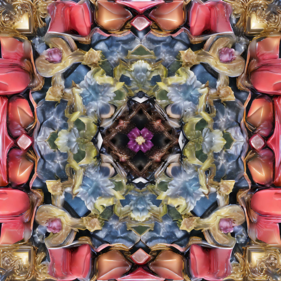 Symmetrical kaleidoscopic pattern with vibrant colors and intricate details