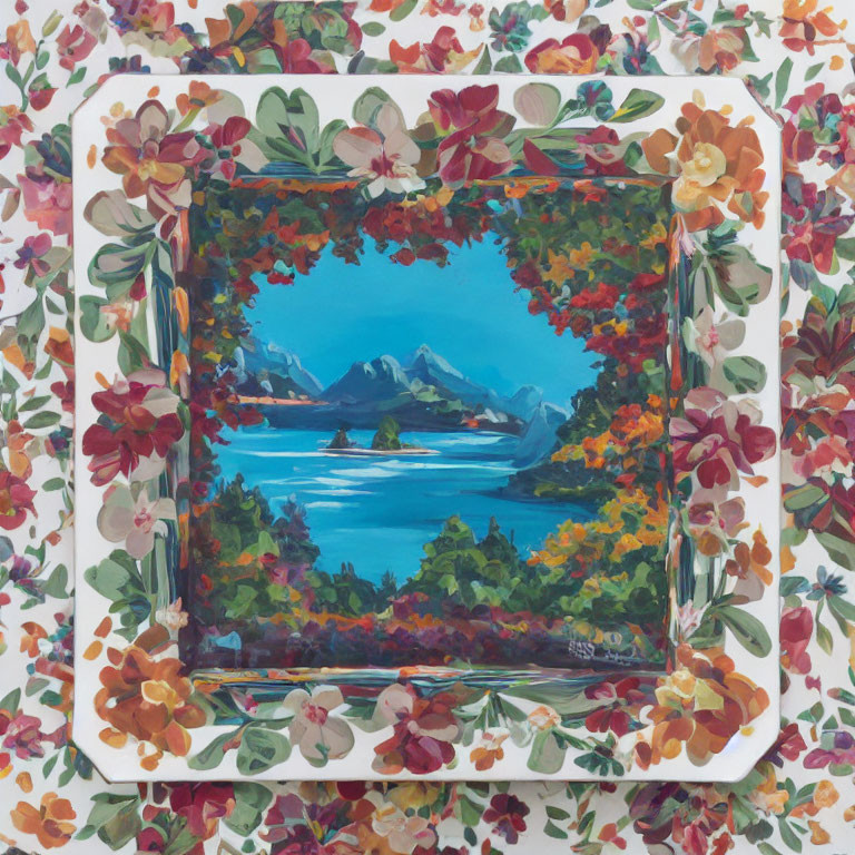 Floral Border Square Plate with Tranquil Blue Lake Scene