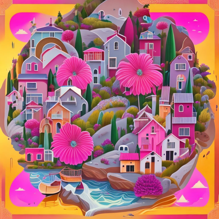 Whimsical village illustration with pink houses, flowers, greenery, and blue river