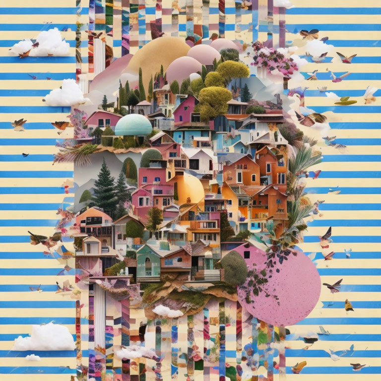 Colorful surreal collage with houses, trees, and floating elements on striped background.