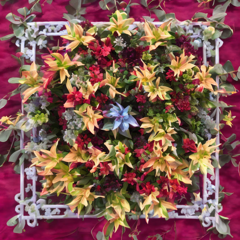 White lattice framework on crimson background with colorful flowers and green foliage