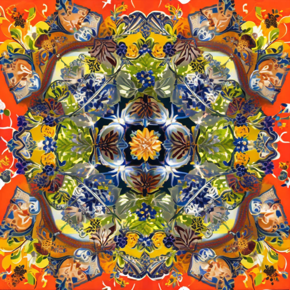 Colorful Symmetrical Kaleidoscopic Pattern with Floral and Butterfly Motifs