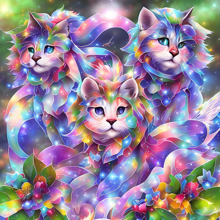 Colorful Stylized Cats with Celestial Motifs on Starry Background