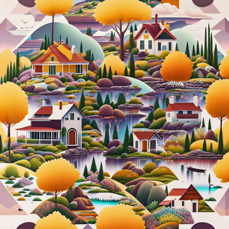 Colorful Stylized Landscape with Trees, Houses, Hills, and Lakes