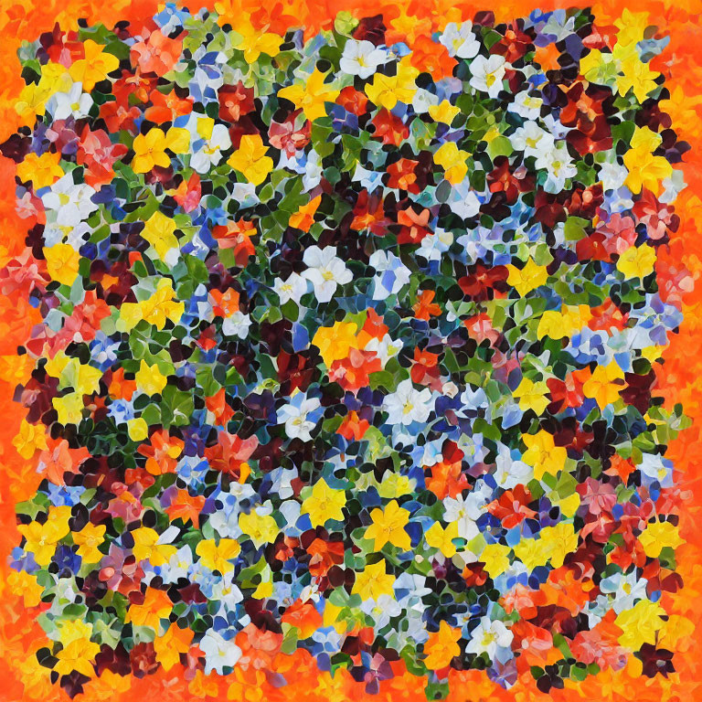 Vibrant floral mosaic with yellow, blue, white, orange, and red hues