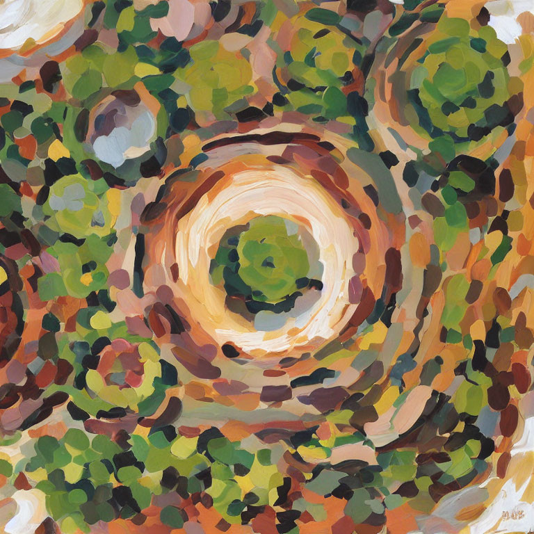 Vibrant abstract painting with swirling green, brown, and orange patterns